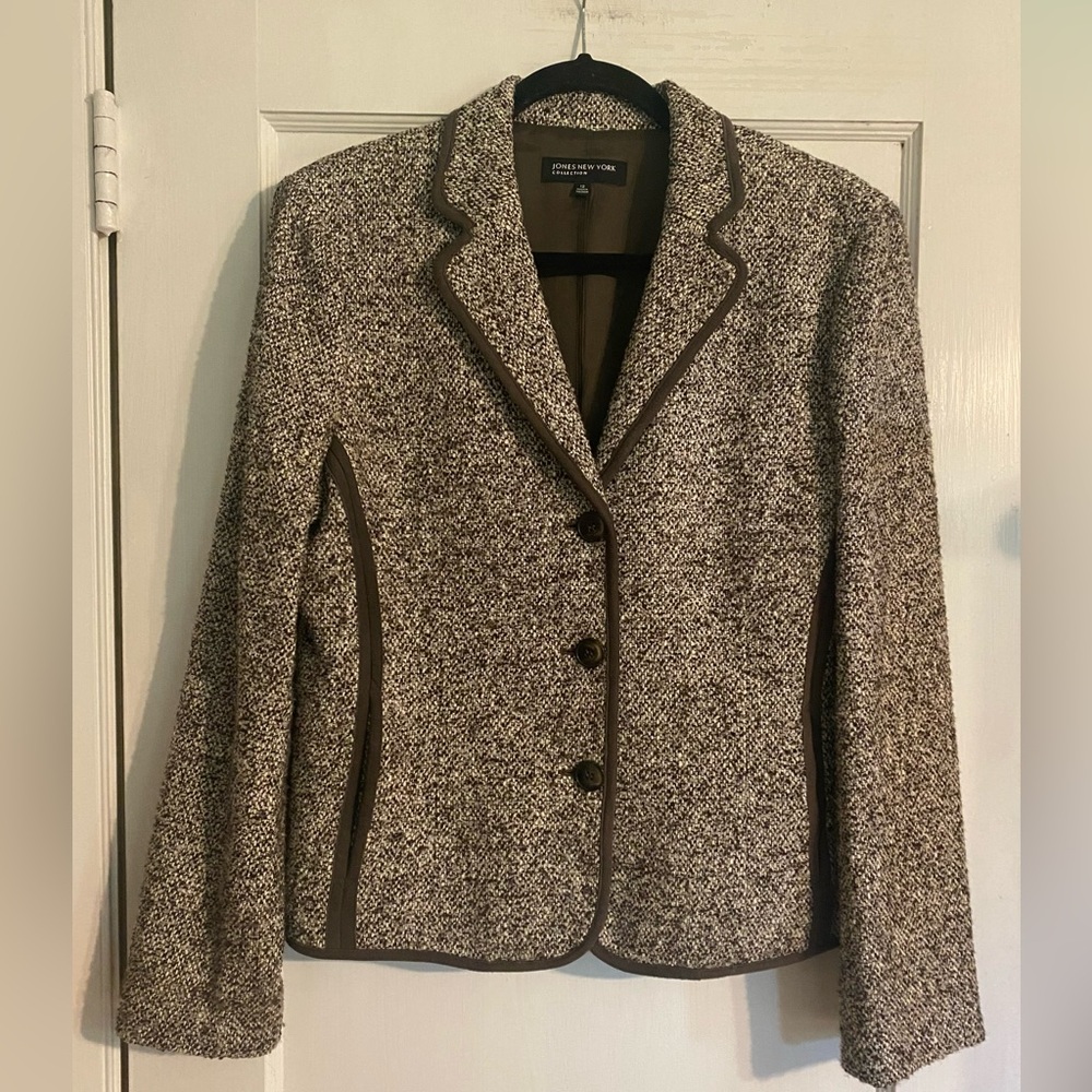 Jones New York tweed brown & white speckled blazer jacket brown trim size: 12